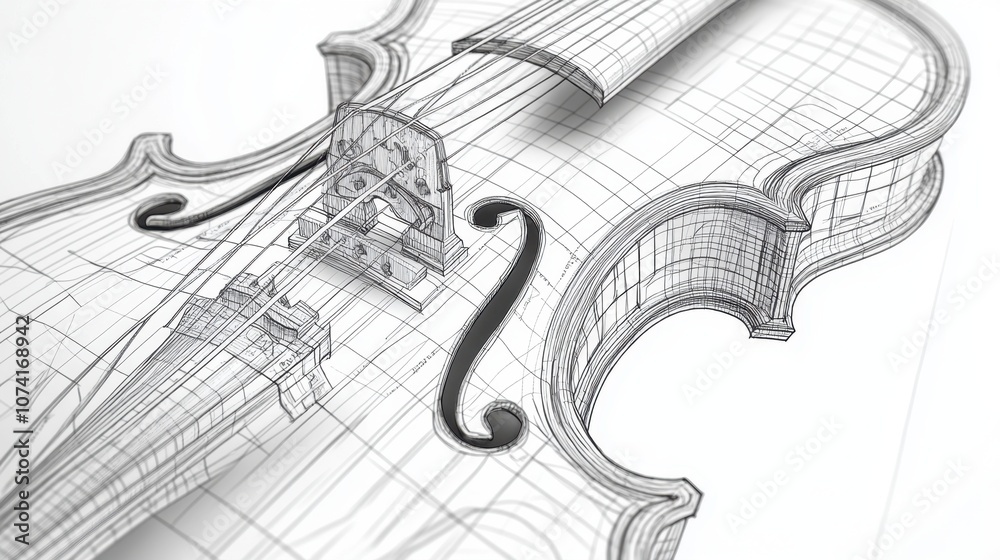 Fototapete realistic line art of a violin, each string and curve drawn with precision on white