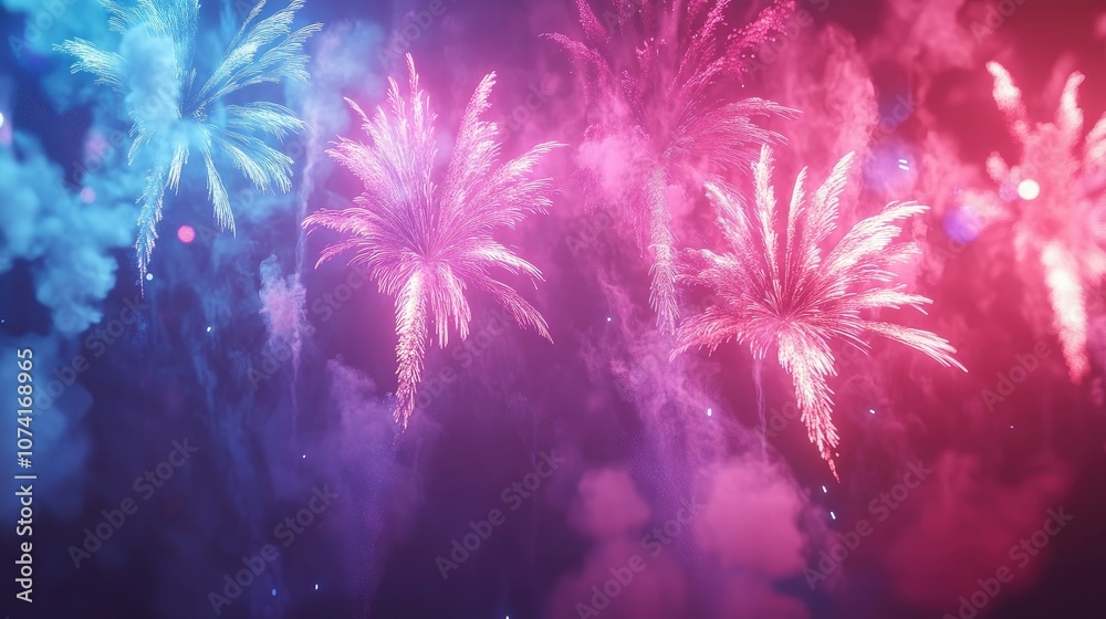 Aufkleber Colorful pyrotechnics display in a 3D cartoon rendering featuring abstract fireworks against a dark sky with clouds for festival celebrations