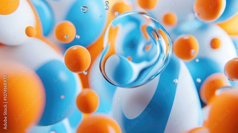Poster Mixing water and oil in a 3D cartoon rendering featuring a stunning abstract background with blue and orange circles and ovals showcasing macro abstraction