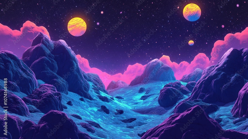 Poster 2D illustration with a cartoon cosmos background Rendered in 3D featuring deep interstellar space with stars planets and moons Diverse science fiction creative backdrops in an imaginary cosmic set