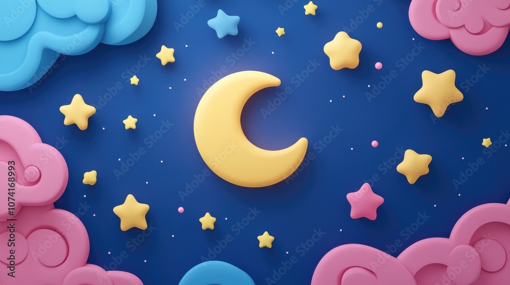 Poster Night scene with moon and stars in 3D cartoon rendering featuring a flat color icon Realistic illustration Pictogram isolated Top view with colorful transparent shadow design