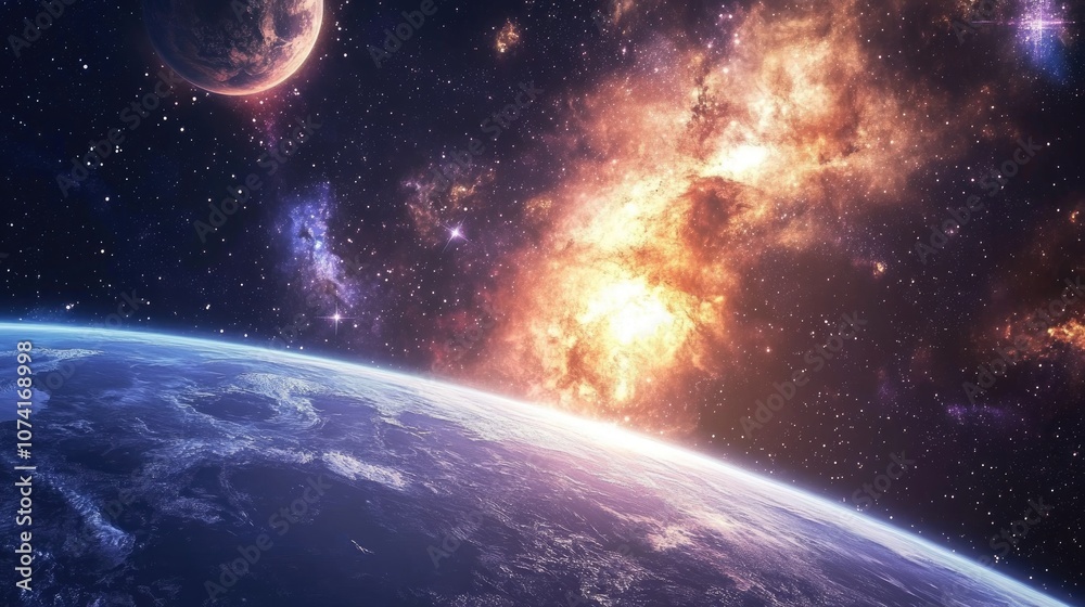 Poster 3d cartoon visualization of planet and galaxy stars in outer space