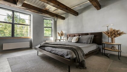 Minimalist Industrial Bedroom with Exposed Beams, Metal Bed Frame, and Concrete Flooring