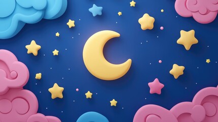 Obraz premium Night scene with moon and stars in 3D cartoon rendering featuring a flat color icon Realistic illustration Pictogram isolated Top view with colorful transparent shadow design