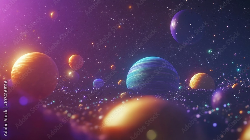 Poster 3d cartoon rendering showcasing a 2d illustration of deep vast space filled with bright stars planet