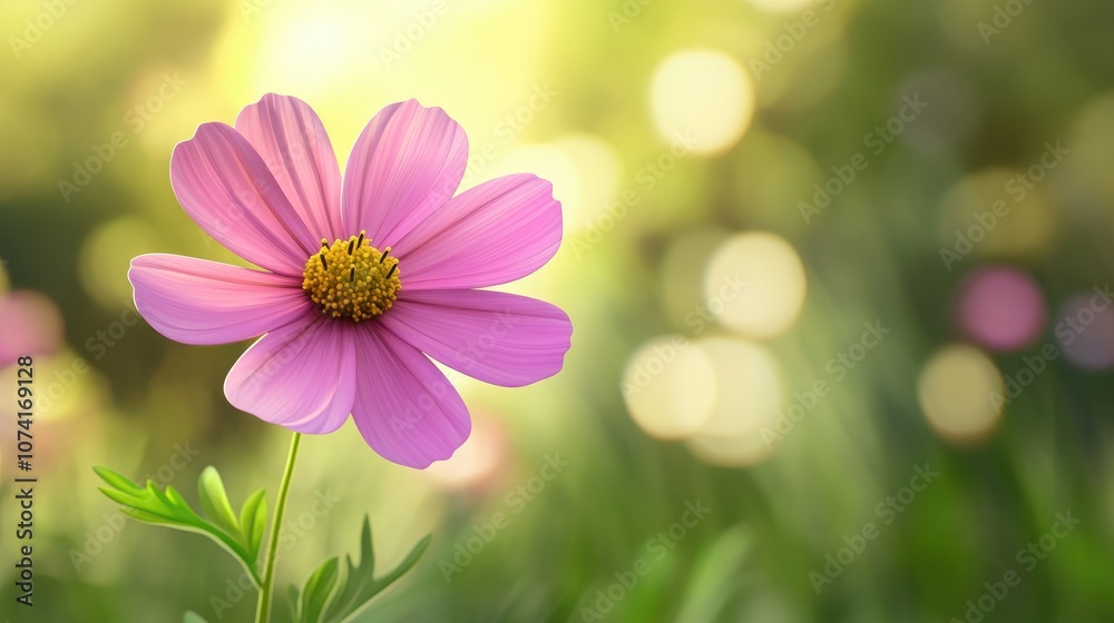 Poster Summer pink flower on a blurred background in a 3D cartoon rendering