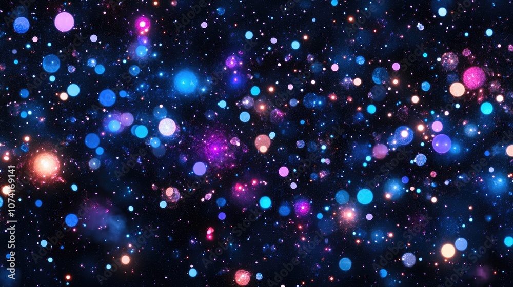 Poster bright galaxy in a 3d cartoon rendering featuring abstract blue and purple sparkles against a black 