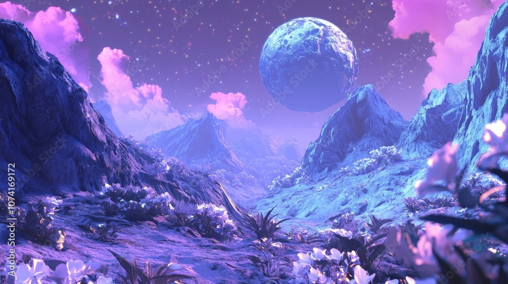 Poster alien planet landscape in a 3d cartoon rendering featuring a science fiction illustration with a stu