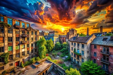 Fototapeta premium Urban Exploration Photography Featuring Dramatic Clouds and Sky Background Over Abandoned Cityscape, Capturing the Beauty of Nature and Man-Made Structures in Perfect Harmony