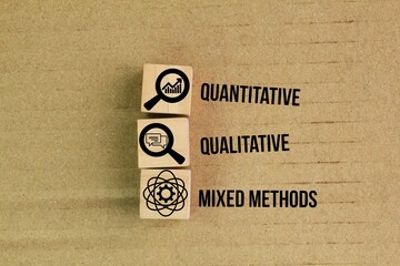 wooden cube with three icons These three research approaches are quantitative, qualitative, and...