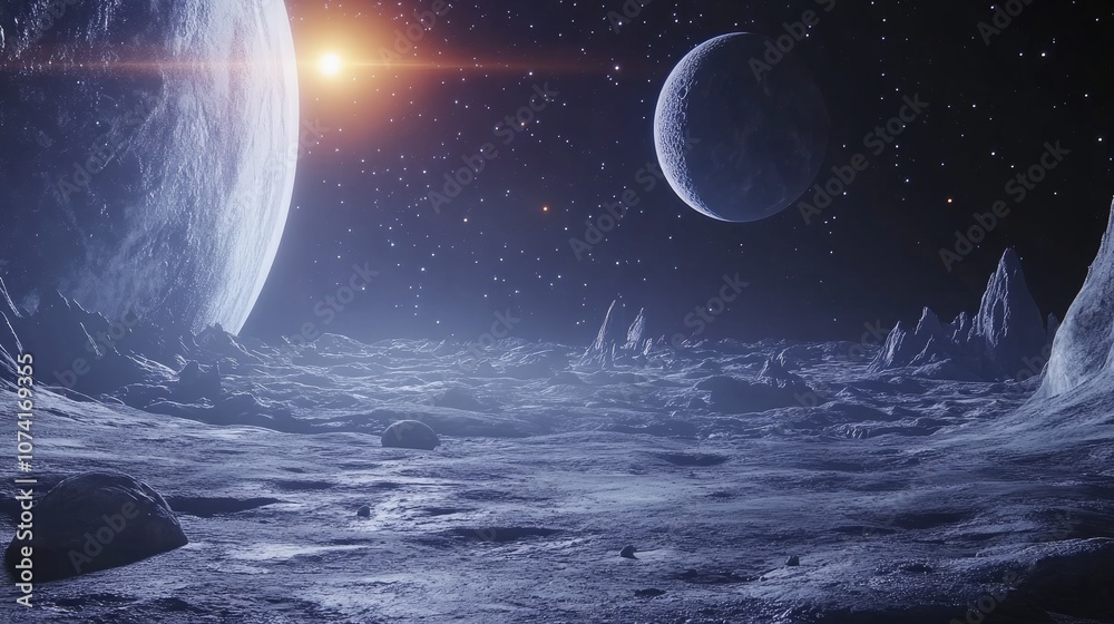 Aufkleber 2d illustration in a 3d cartoon rendering style expansive deep space featuring stars planets and moo