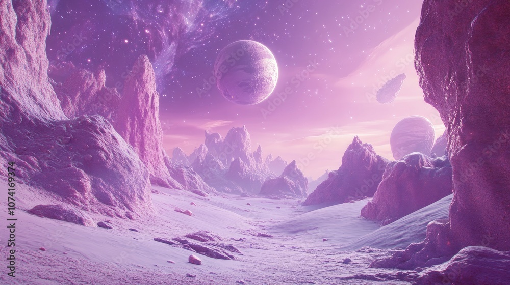 Poster purple fantasy sci fi space scene in 3d cartoon rendering computer artwork