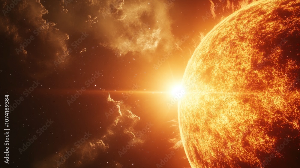 Poster sun solar flare in space background panorama 3d cartoon rendering