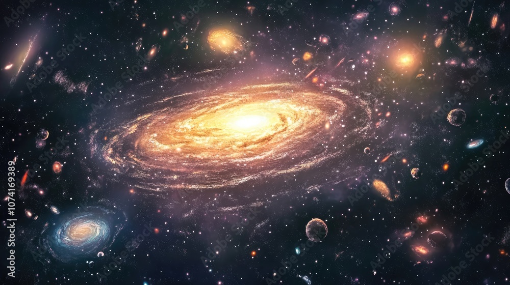 Poster 3D cartoon rendering featuring stars from a galaxy in open space