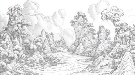 Realistic line art of mountain scenery with trees and rivers, detailed but minimalist on white