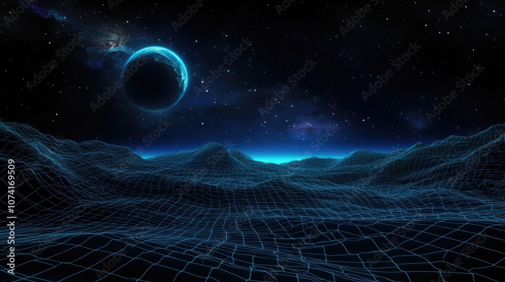 Aufkleber Abstract landscape in a 3D cartoon rendering against a dark background featuring a star horizon cyberspace grid hi tech network and a starry outer space texture