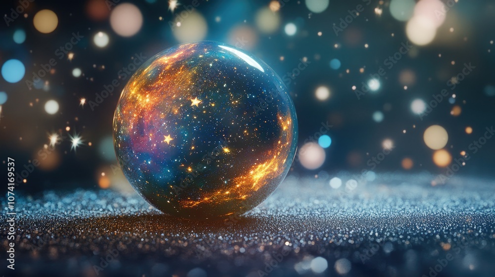 Fototapete 3d rendering of a cartoon sphere featuring stars and outer space elements