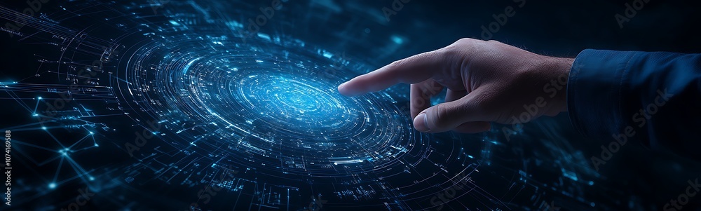 Poster a human hand reaches towards a luminous, swirling galaxy of particles, creating a sense of connectio