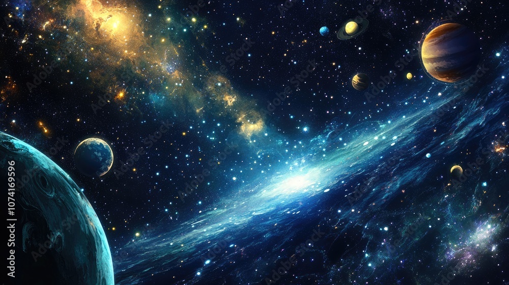 Poster 2D illustration featuring a cartoon background image Deep interstellar space with stars planets and moons Various imaginative science fiction backdrops Space themed art for children