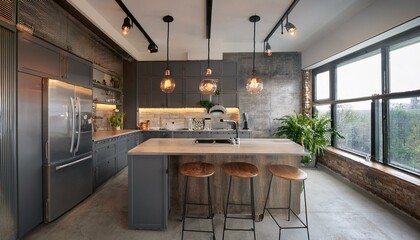 Industrial Kitchen with Concrete Countertops, Metal Cabinets, and Vintage Lighting