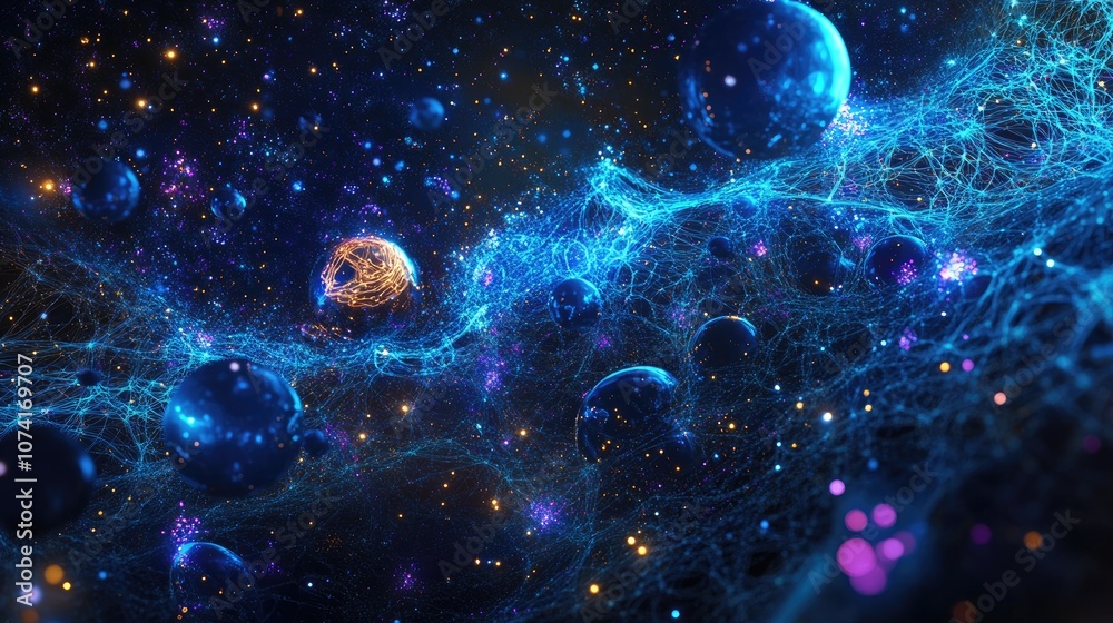 Aufkleber Abstract landscape featuring a starry outer space texture with a 3D cartoon rendering of a cyberspace grid and hi tech network on a dark background