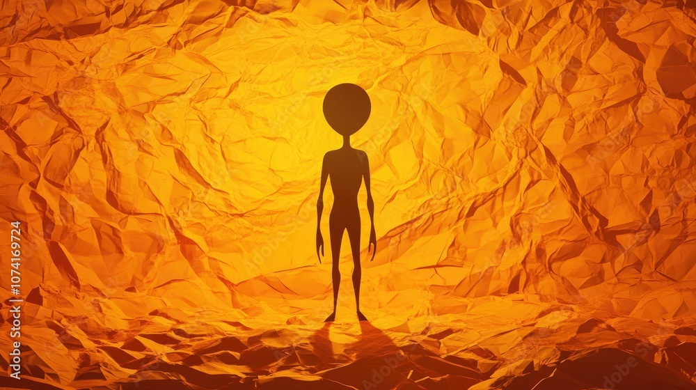 Poster silhouettes of an alien on a background of crumpled orange paper in a 3d cartoon rendering
