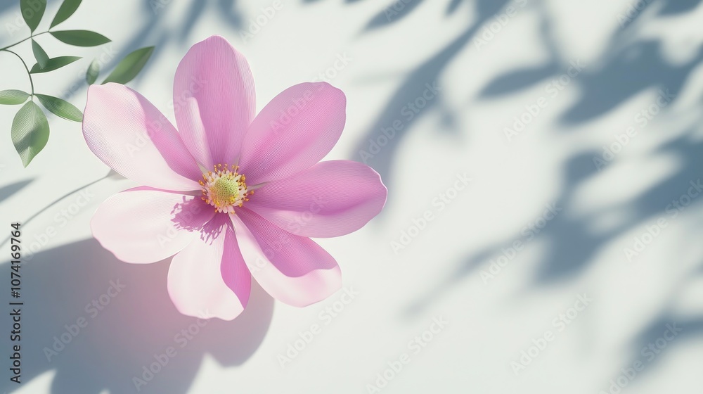 Poster detail of shadow on a white background featuring a pink cosmos flower in 3d cartoon rendering creati