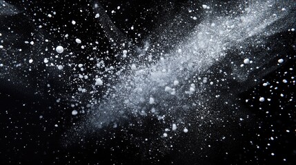 Freeze motion of white particles on a black background in 3D cartoon rendering