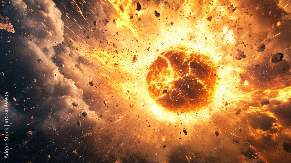Poster meteorite impact explosion on earth in 3d cartoon rendering digital art