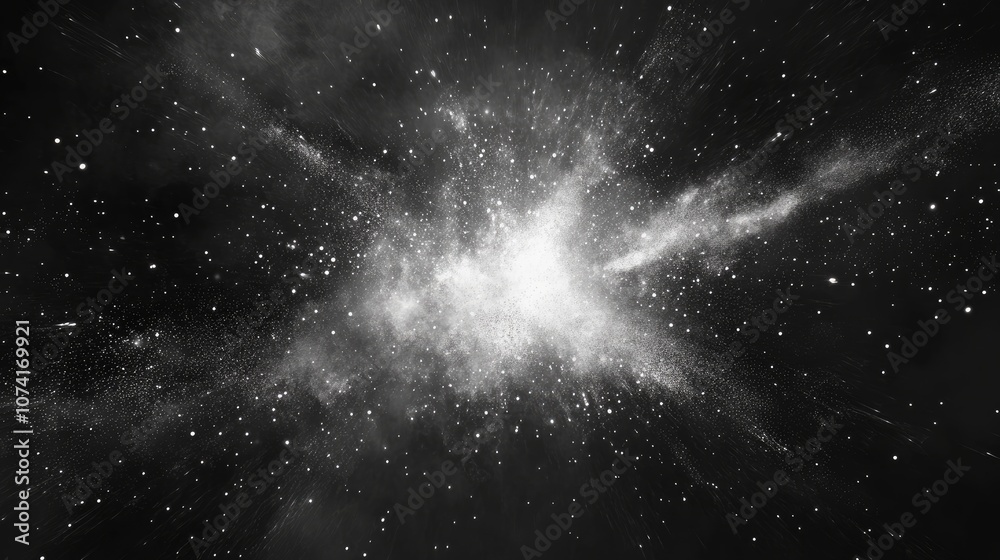 Poster freeze motion of white particles on a black background in a 3d cartoon rendering abstract dust overl