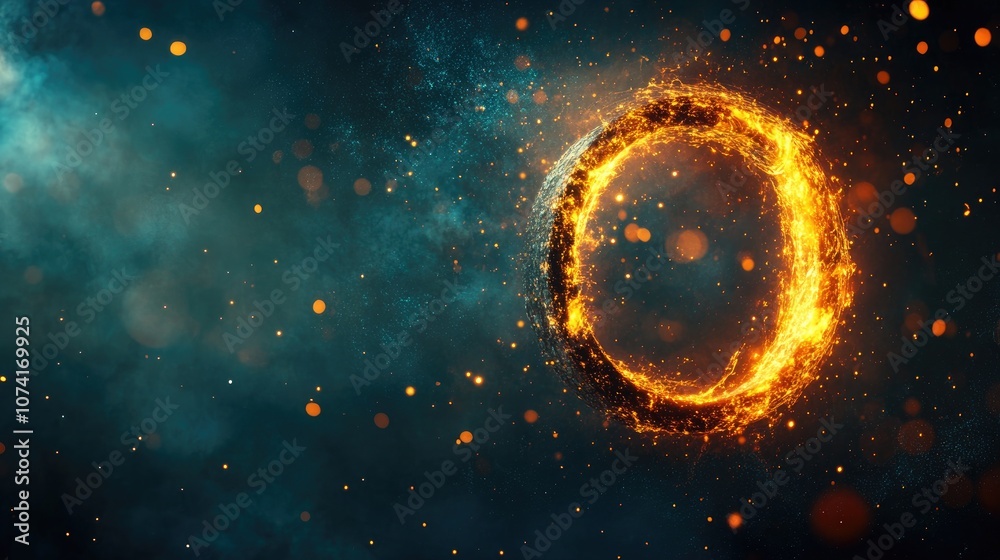 Aufkleber Abstract space wallpaper with a 3D cartoon rendering of the letter O featuring sparks of light and a grunge style background with ample copy space