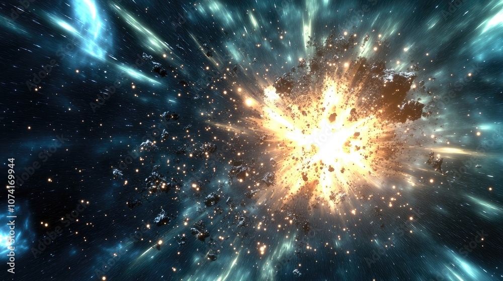 Poster 3d cartoon depiction of a nebula and a cluster of stars in deep space showcasing science fiction art