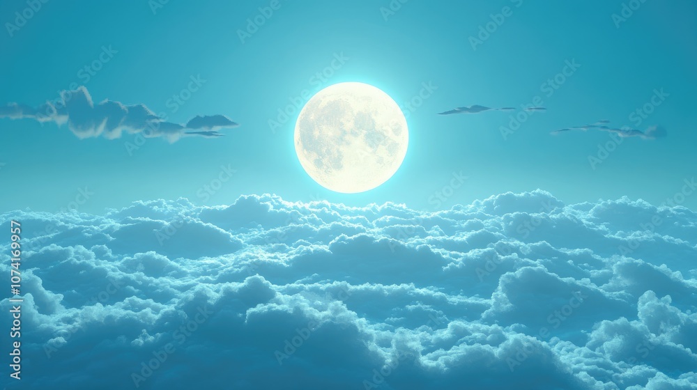 Poster Bright full moon partially obscured by clouds in 3D cartoon rendering