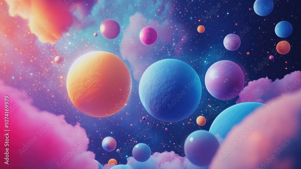 Poster Abstract space scene with 3D effect in cartoon rendering