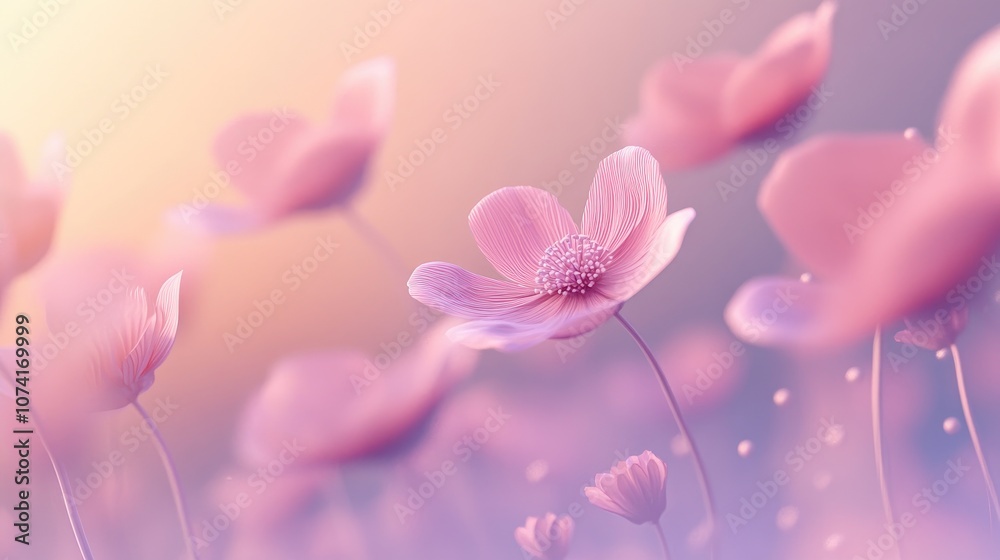 Poster Blooming cosmos flowers in motion blur with gradient filter effect depicted in 3D cartoon rendering