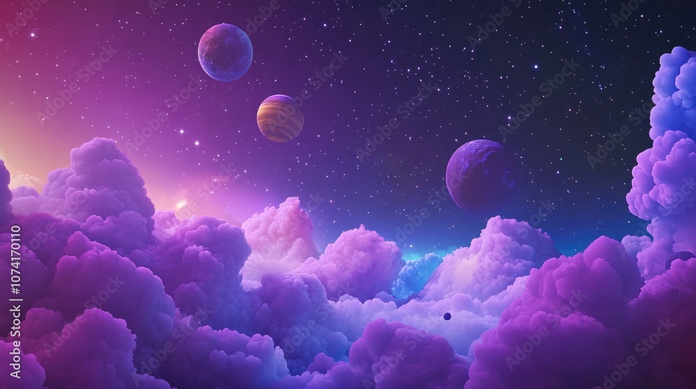 Poster Vibrant deep space banner background featuring various stars planets and cloud formations illustrating that space is not only dark and deep but also abundant with heavenly light and color depicted