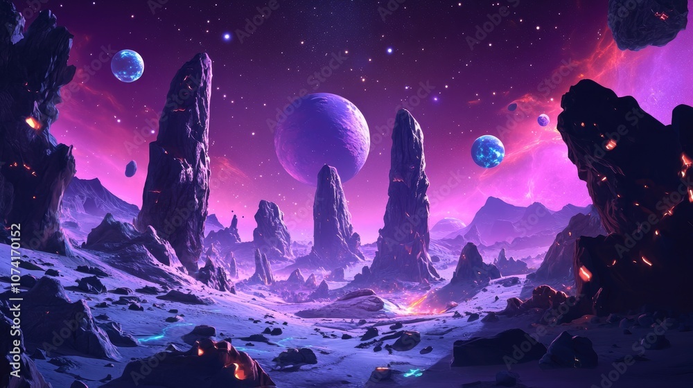 Poster 2D illustration in a 3D cartoon rendering style Expansive deep space featuring stars planets and moons A variety of imaginative science fiction backdrops Space art depicting alien solar systems Re