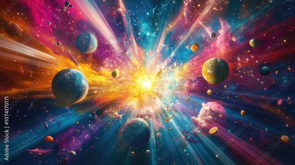 Aufkleber Spectacular multicolored illustration featuring particles and rays accompanied by abstract forms and planets depicting a science theme with an explosion of stars in space created through 3D cartoo