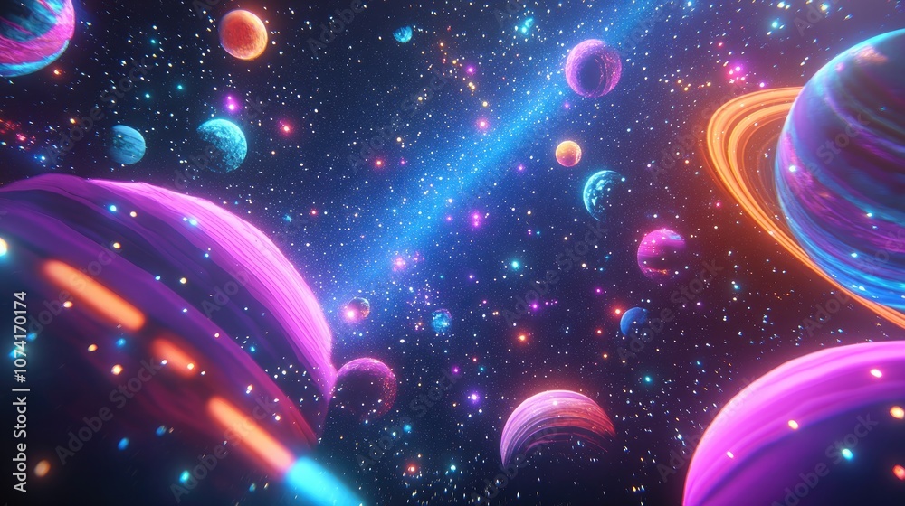 Poster 2D illustration featuring a 3D cartoon rendering set against a realistic star pattern background in empty interstellar space Includes bright flashing stars planets moons and various imaginative sc