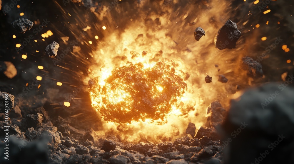Poster meteorite impact explosion on earth in 3d cartoon rendering digital art