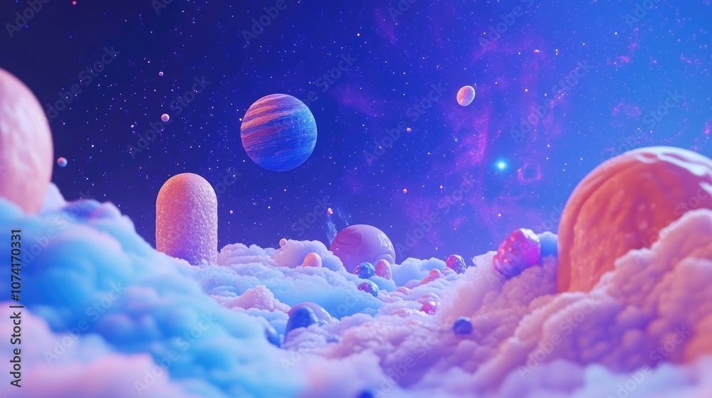 Poster Cartoon rendering in 3D of a nebula and the universe featuring a blue background