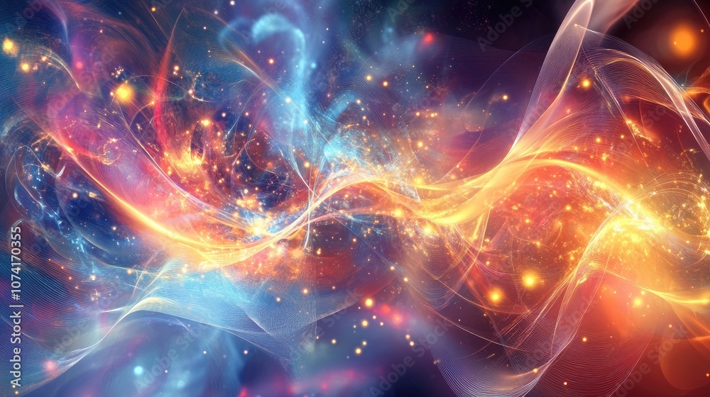 Poster 3D cartoon rendering of cosmic energy strings featuring flowing energy represented as thin bright elements that create structural fibers