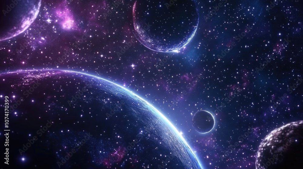 Poster stars of a planet and galaxy in free space depicted in a 3d cartoon rendering