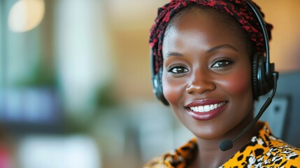 A cheerful customer service representative wearing a headset offers support with a smile in a welcoming office setting