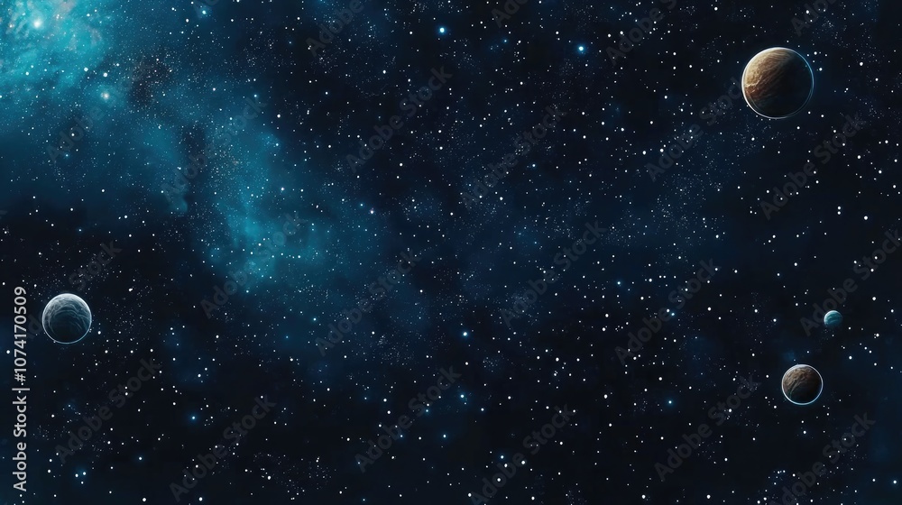 Poster 3d cartoon rendering showcasing a 2d illustration of deep vast space filled with bright stars planet