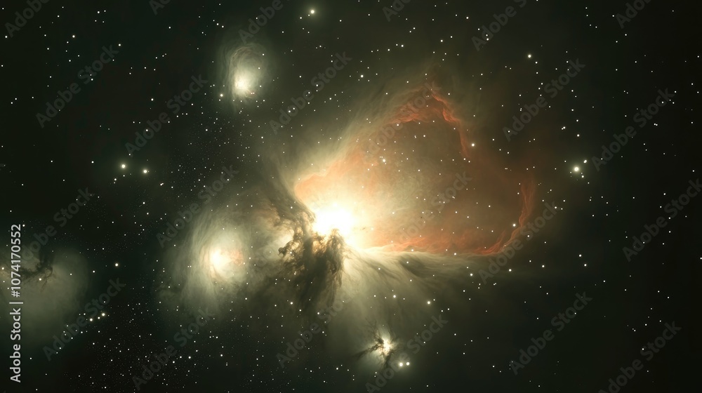 Poster 3D cartoon rendering featuring the Orion Nebula M42 and the Running Man Nebula