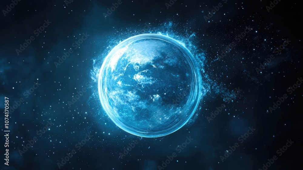 Poster Psychedelic abstract blue planet disintegrating in the darkness of the universe in a 3D cartoon rendering Close up of a soap bubble against a dark background
