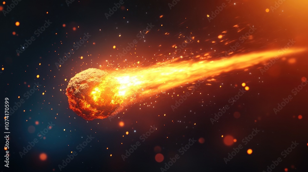 Poster Fire comet flying in 3D cartoon rendering featuring shining lights in motion alongside small particles and a plasma ring against a dark background Abstract design