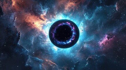 3D cartoon illustration featuring a black hole vibrant stars in the depths of space a cool blue nebula and a dark night sky amidst interstellar darkness