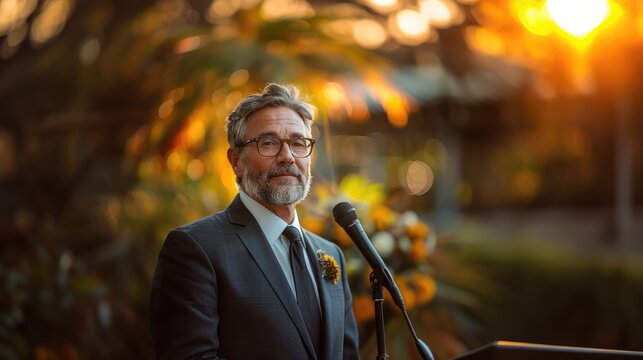middle aged Caucasian man giving eulogy at outdoor funeral ceremony